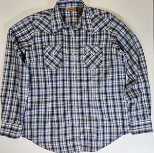 Wrangler Mens Button Up Shirt Small Blue Plaid Pearl Snap Durable Flannel Casual